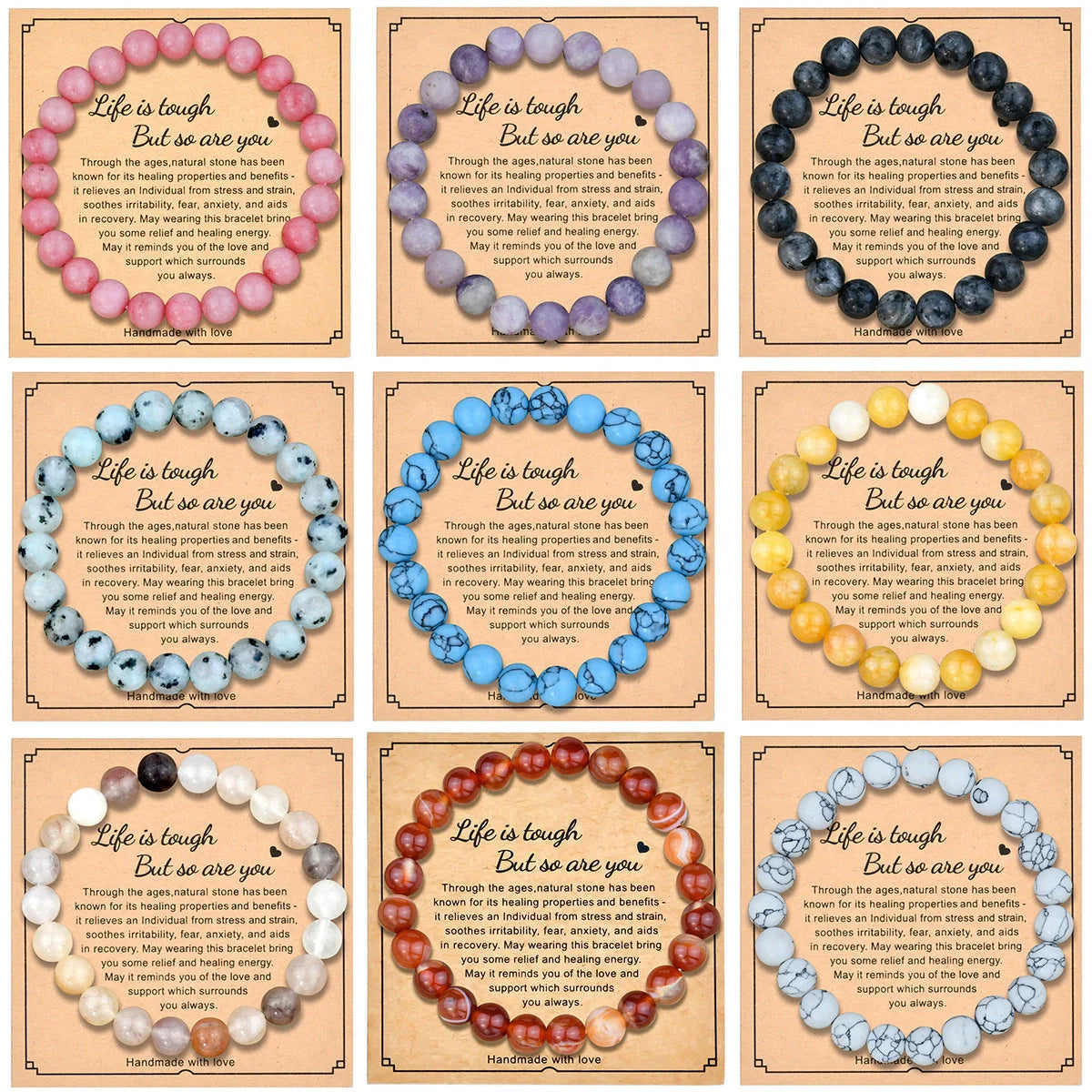 Handcrafted 8mm natural stone tourmaline bracelet with geometric design and stylish card.