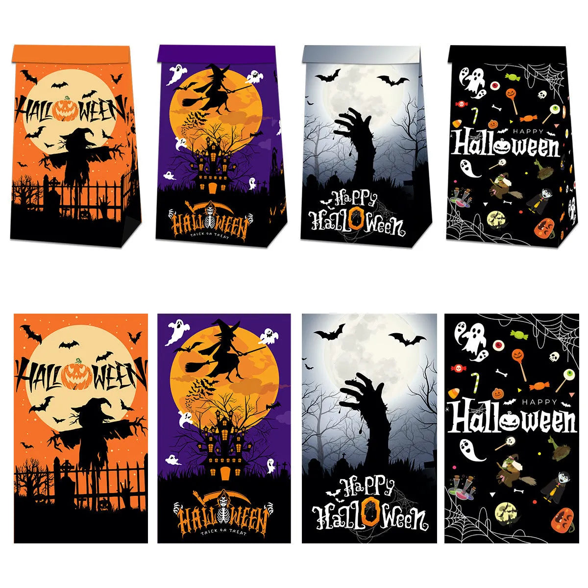 Set of 12 Halloween-themed paper bags and 18 decorative paper sealing stickers for party treats.