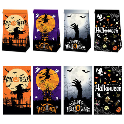 Set of 12 Halloween-themed paper bags and 18 decorative paper sealing stickers for party treats.