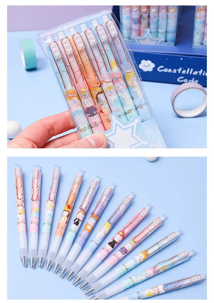 Six Lisa's Secret Constellation press gel pens showing 0.5mm tips and star pattern designs on plastic barrels