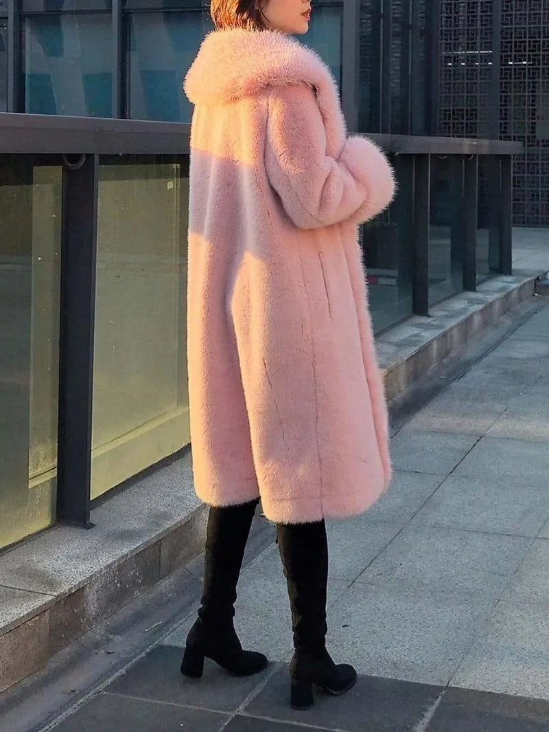 Women's thick faux rabbit fur mid-length coat with fur collar in black, grey, pink, or white, showing 80cm length and regular sleeves.