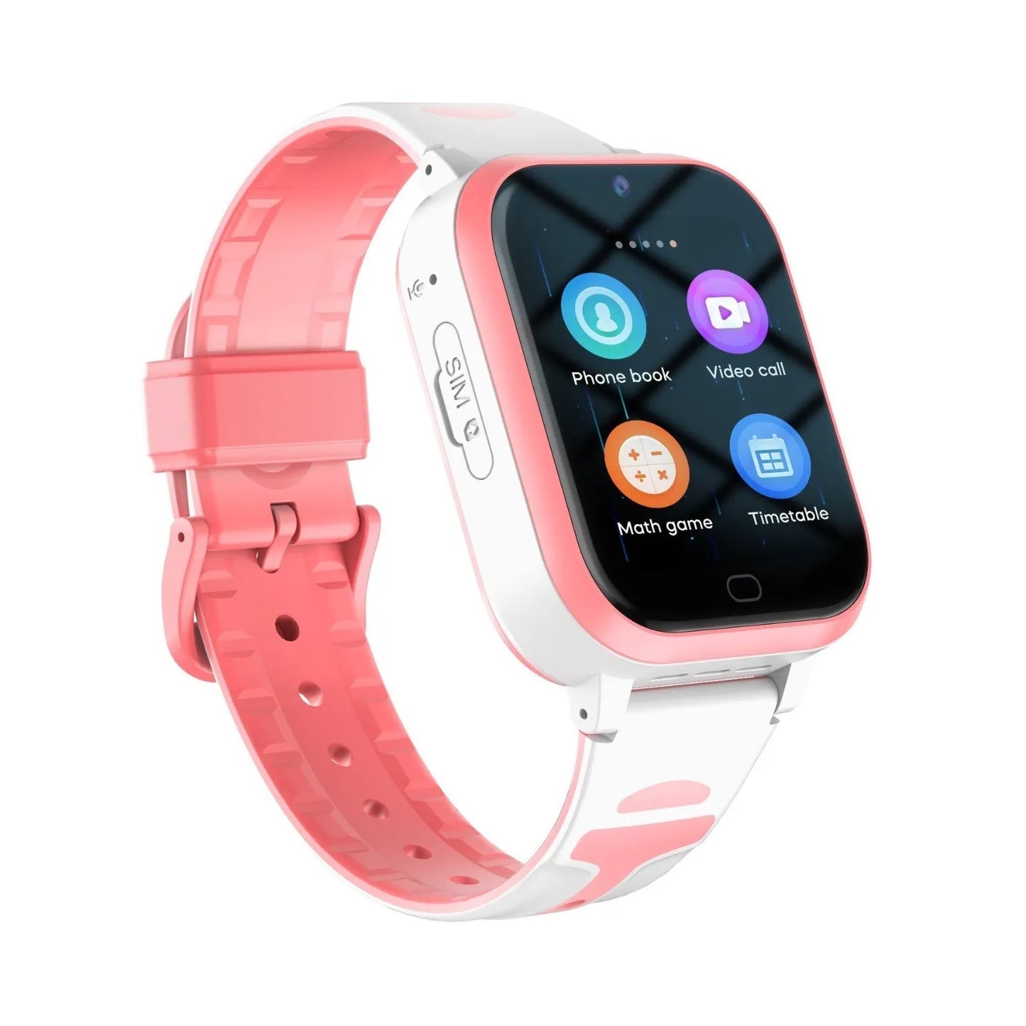 Child's smartwatch with colour screen on a wrist strap, shown in black, blue, and pink colour options.