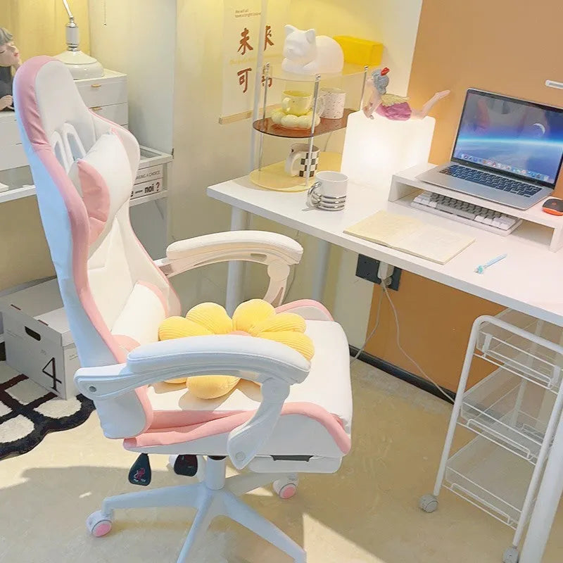 Sedentary gaming chair for girls' bedrooms with rotatable seat, reclining backrest, and ergonomic support, available in pink, white, yellow, or blue sponge upholstery with optional footrest pedal attachment
