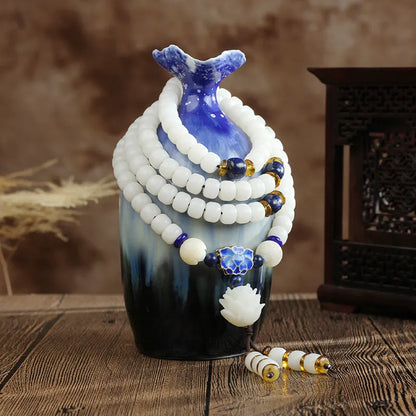 White jade Bodhi beads bracelet with 6x8mm beads in multiple decorative styles for men and women