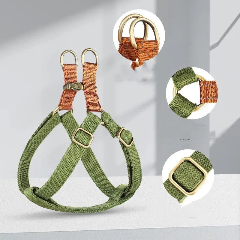 Dog leash with anti-loss vest style design for small to medium breeds, adjustable cotton belt with nylon trim and alloy fastener, available in brown, green, or light blue colour in XS, S, and M sizes.