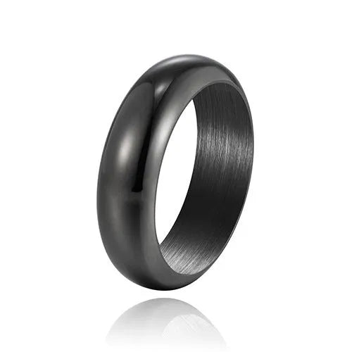 Glossy electroplated titanium steel ring in black, gold, or steel colour on finger