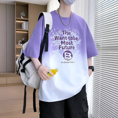 Boys cotton-polyester t-shirt with jacquard printed pattern in dark blue, short sleeves, drop-shoulder design
