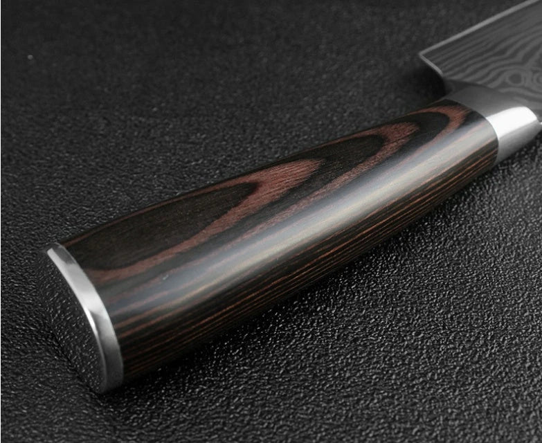 Premium chef knife set with high-performance stainless steel blades, featuring a striking Damascus pattern and ergonomic color-coated handles