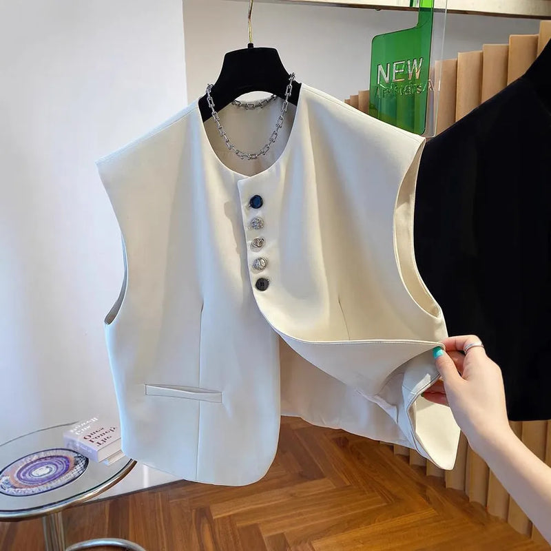 Loose-Fitting Waistcoat Bandage Dress in Beige or Black: A 40cm-Length Commute Dress with Pockets and a Solid Colour Design in Sizes S to XXXL