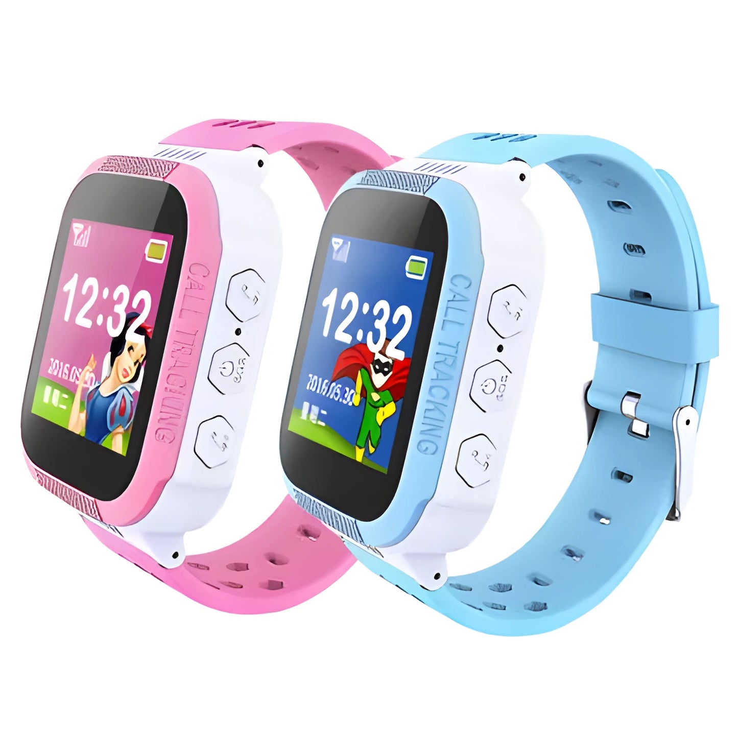 Blue and pink children's phone watch with 1.44 inch IPS screen showing Chinese or English interface