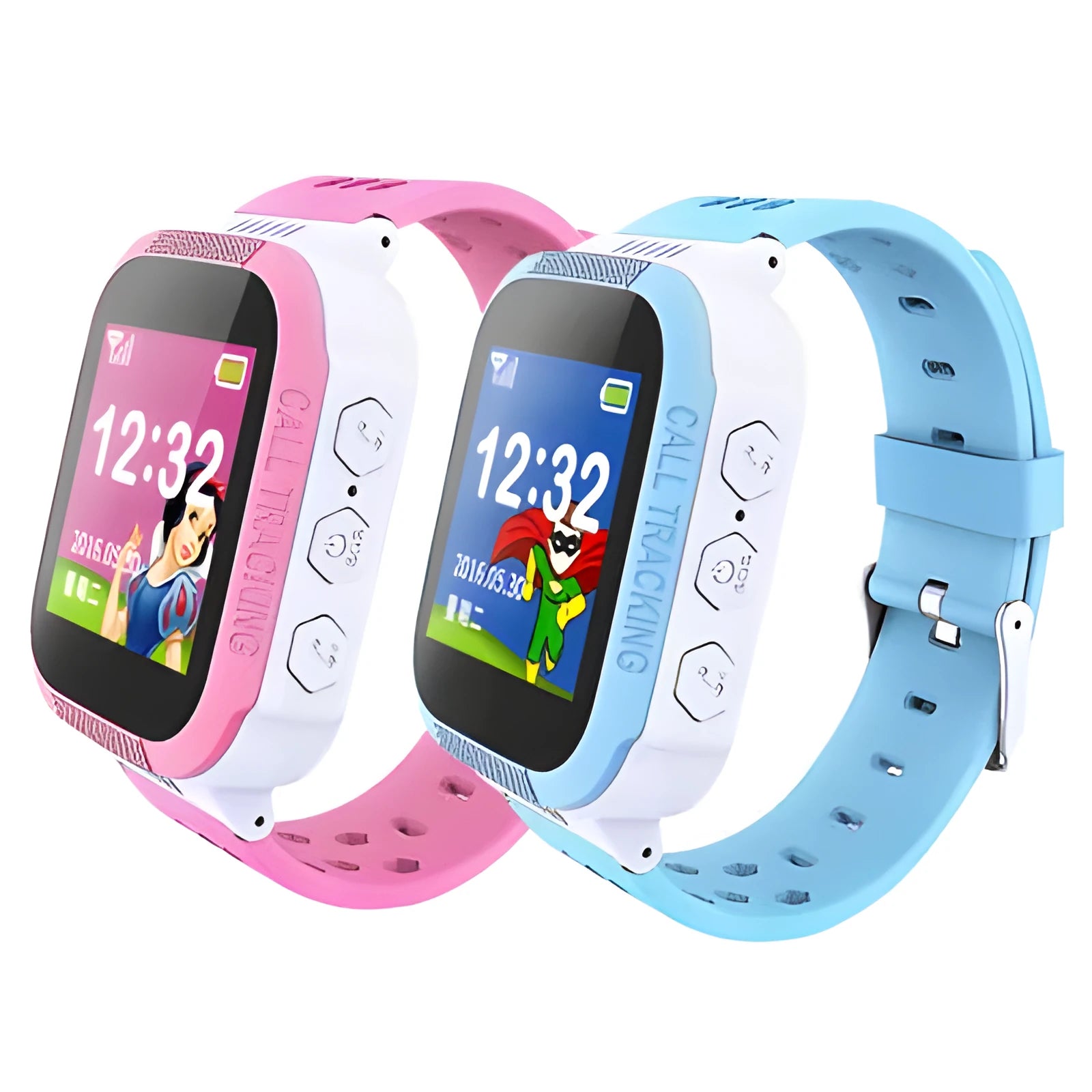 Blue and pink children's phone watch with 1.44 inch IPS screen showing Chinese or English interface
