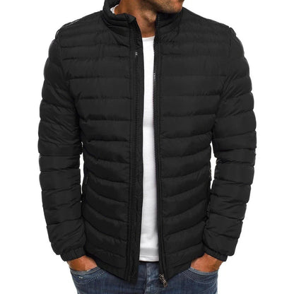 Men's insulated jacket in various solid colors with zipper closure, long sleeves, and pockets