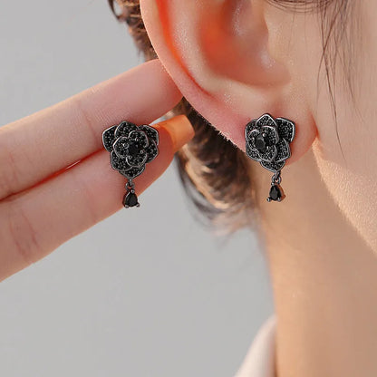 Black rose zircon flower stud earrings for women with 18K gold electroplating