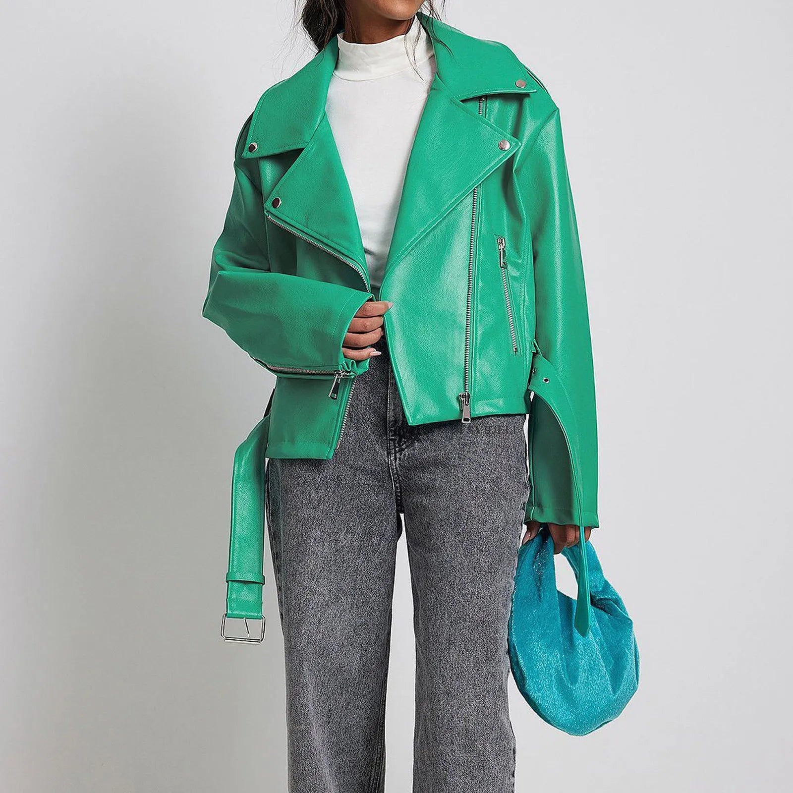 Punk style jacket with Peter Pan collar and drawstring waist in black, blue, or green colours