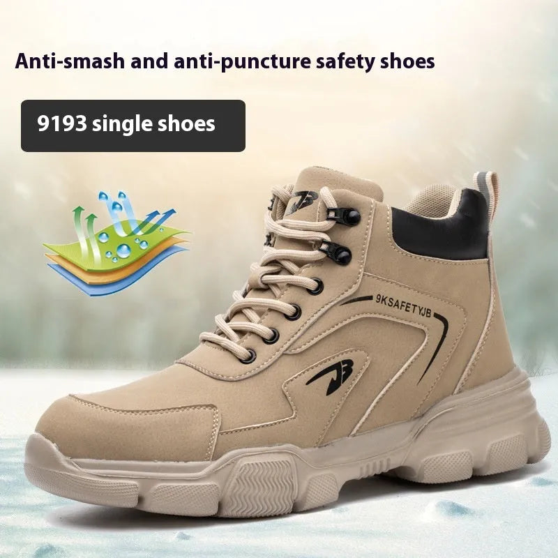 Brown leather labour protection safety shoe with rubber sole, shown on a white background.