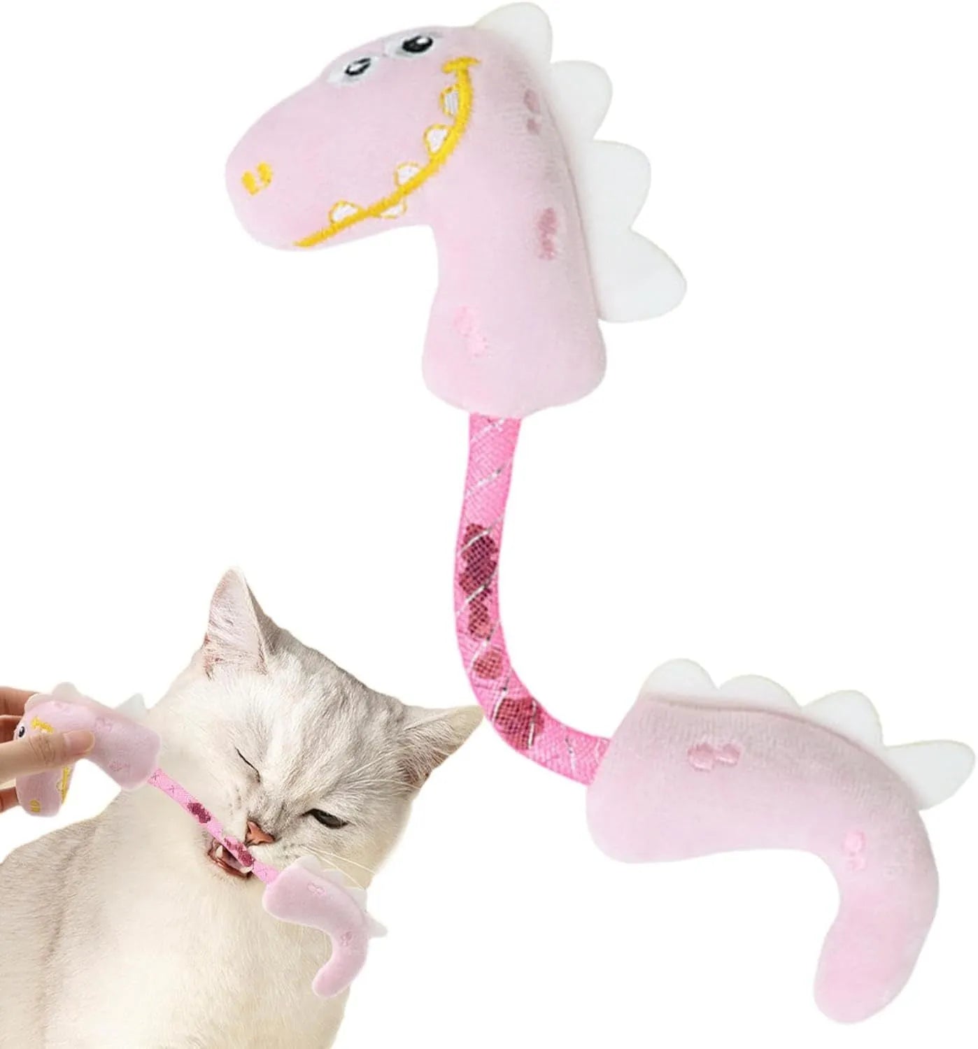 Set of four colourful plush cat toys: a mouse, a fish, a bunny, and a chew toy on a plain background.
