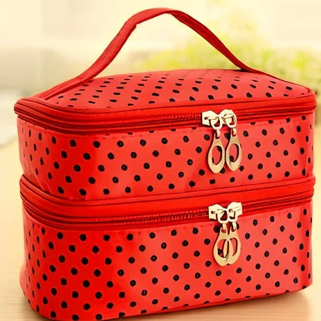 Double-layer cosmetic bag with multicoloured dots measuring 20.5cm length