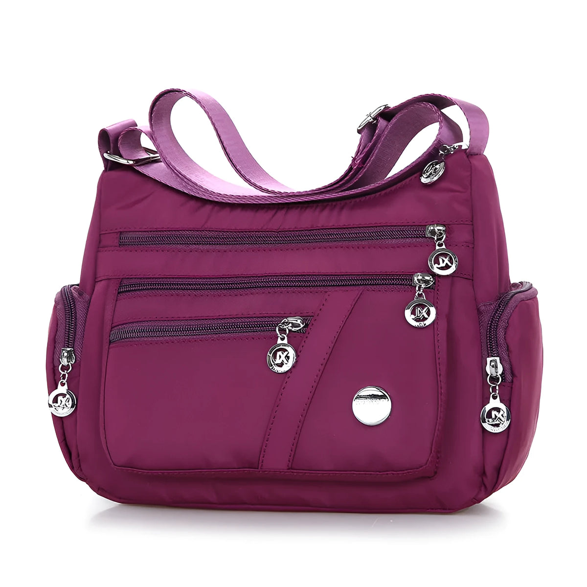 Women's nylon shoulder bag with multi-pocket design, zip opening and detachable handle in red, purple, black or army green