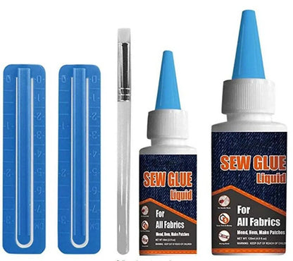Clothing repair glue kit with two bottles, fixing clips, and applicator pen