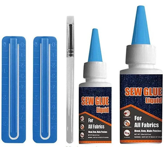 Clothing repair glue kit with two bottles, fixing clips, and applicator pen
