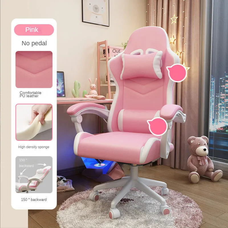 Blue rotatable reclining gaming chair for a girls bedroom with a five-star nylon base and fixed handrails.