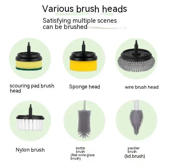 Electric cleaning brush with plastic housing, three brush heads, and 1200mA battery, shown in white, green, or pink