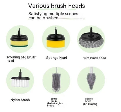 Electric cleaning brush with plastic housing, three brush heads, and 1200mA battery, shown in white, green, or pink