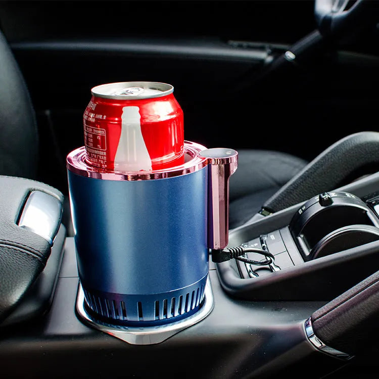Black 12V car heating and cooling cup with digital display in a vehicle cup holder.