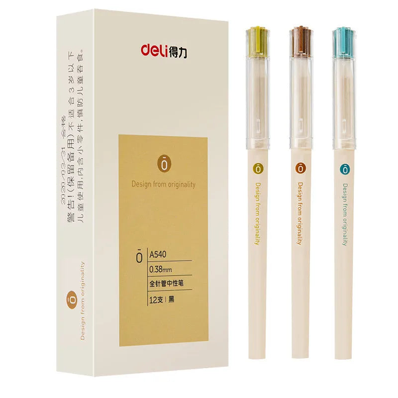 Deli A540 0.38mm black gel pens with needle tube tips in plastic barrel with caps, box of 12 pieces