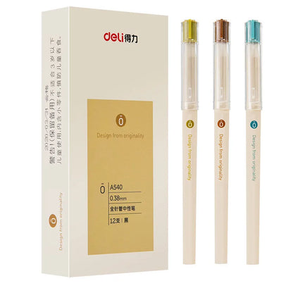 Deli A540 0.38mm black gel pens with needle tube tips in plastic barrel with caps, box of 12 pieces