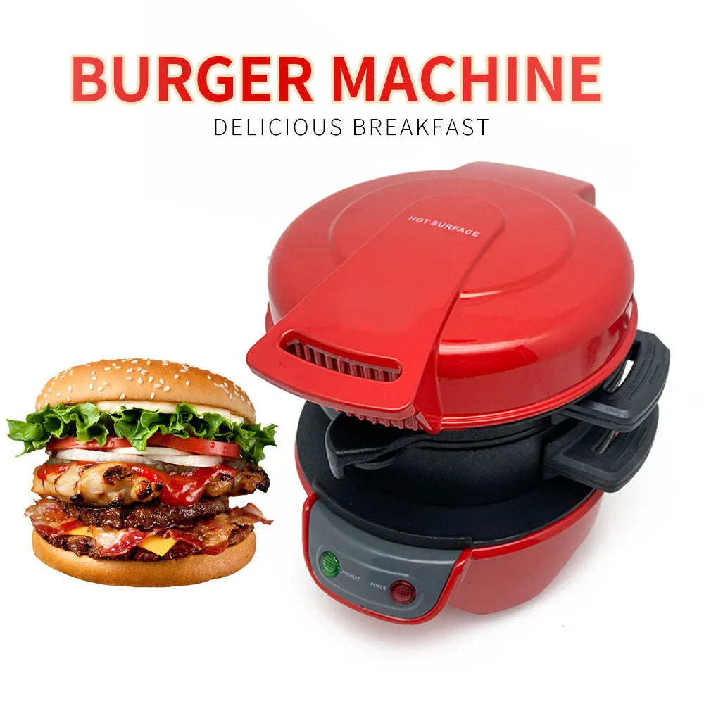 Household breakfast machine with sandwich maker and egg cooker ring in red, orange or silver grey