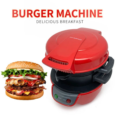 Household breakfast machine with sandwich maker and egg cooker ring in red, orange or silver grey