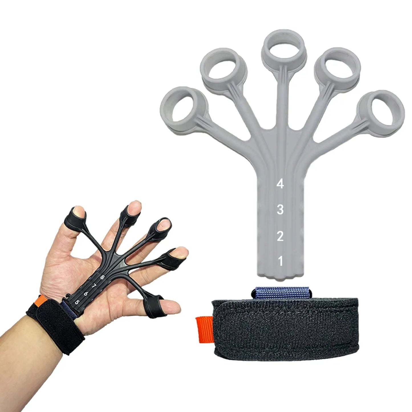 Black silicone finger tension rope trainer with adjustable belt on a grey background.