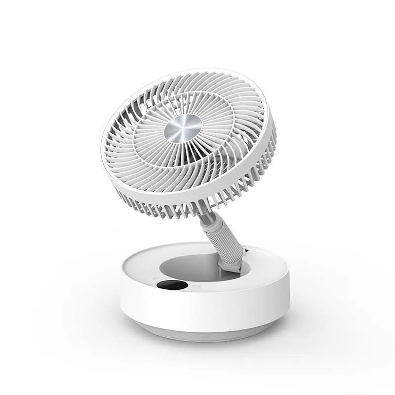Green rechargeable floor fan with humidifier in extended position showing telescopic design