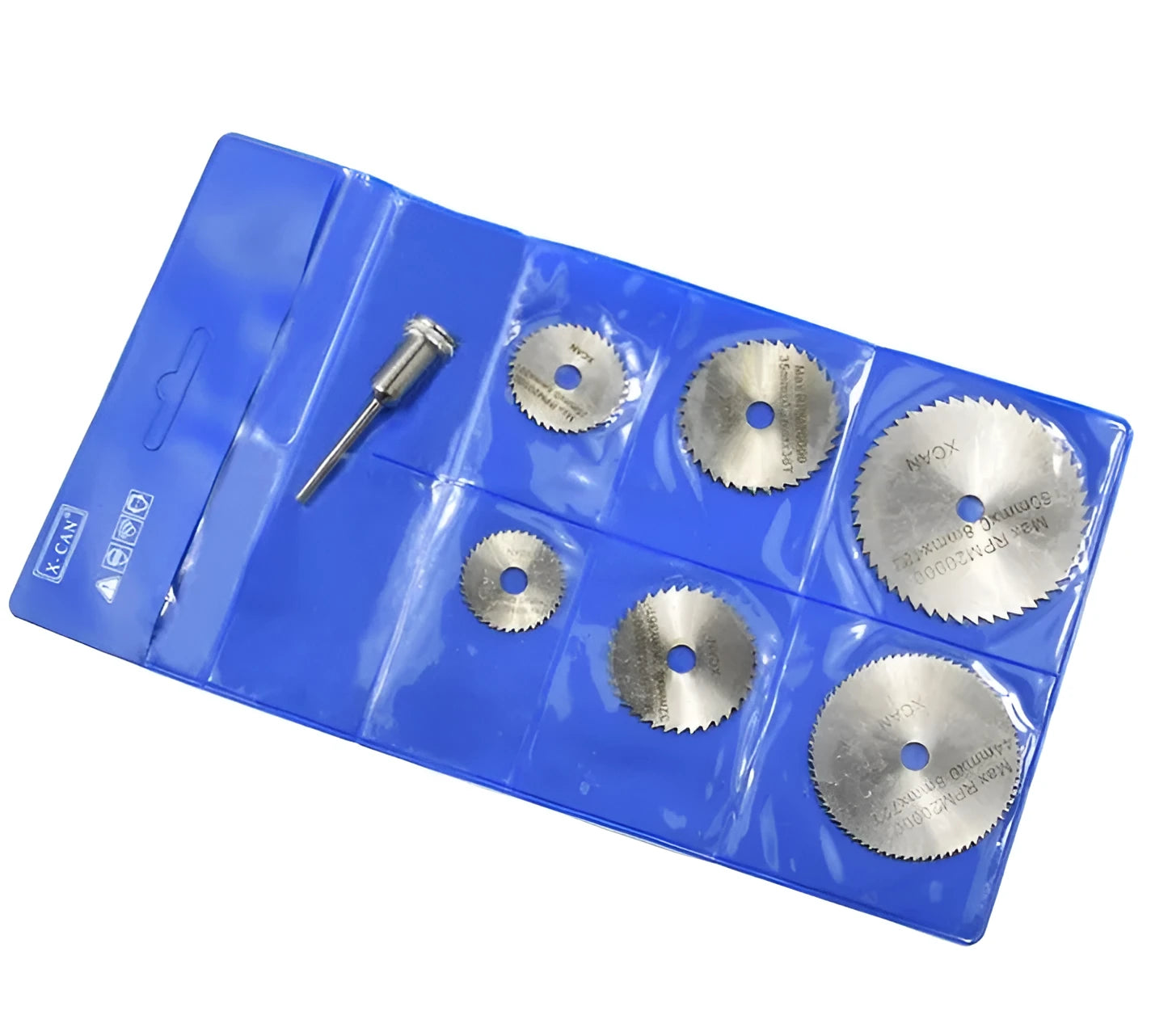 Six circular saw blades and a mandrel on a white background