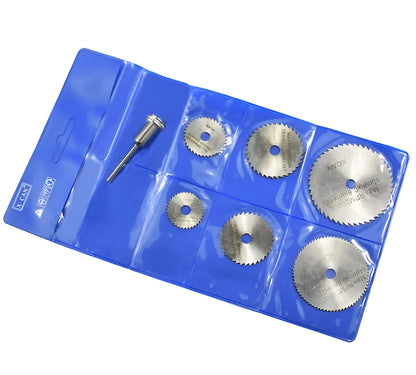 Six circular saw blades and a mandrel on a white background
