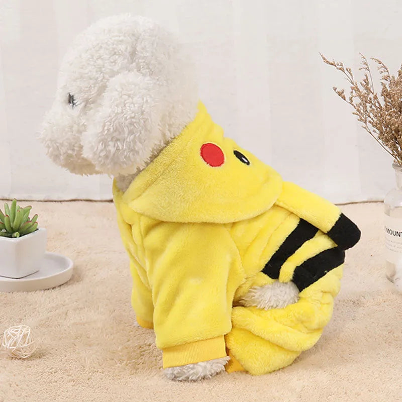 Grey fleece hooded coat on cat showing cartoon design and size fit