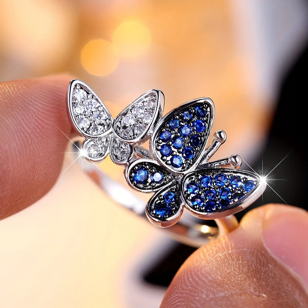 Blue and white butterfly women's ring in electroplated copper available sizes 6-10