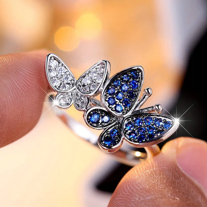 Blue and white butterfly women's ring in electroplated copper available sizes 6-10