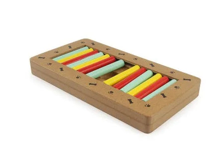 Wooden dog puzzle toy in bone type, paw print, and square styles for feeding and play