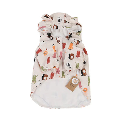 Beige cartoon dog raincoat with double waterproof PU coating in size L for medium dog breeds