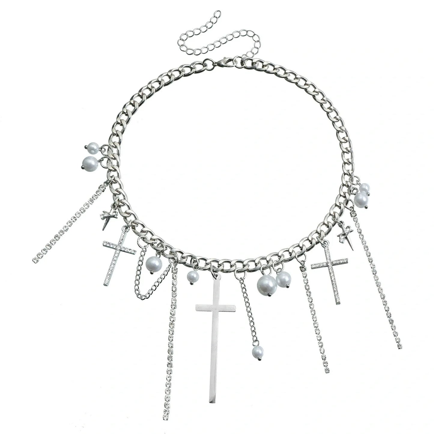 Cross Tassel Pearl Collarbone Chain Necklace with alloy pendant