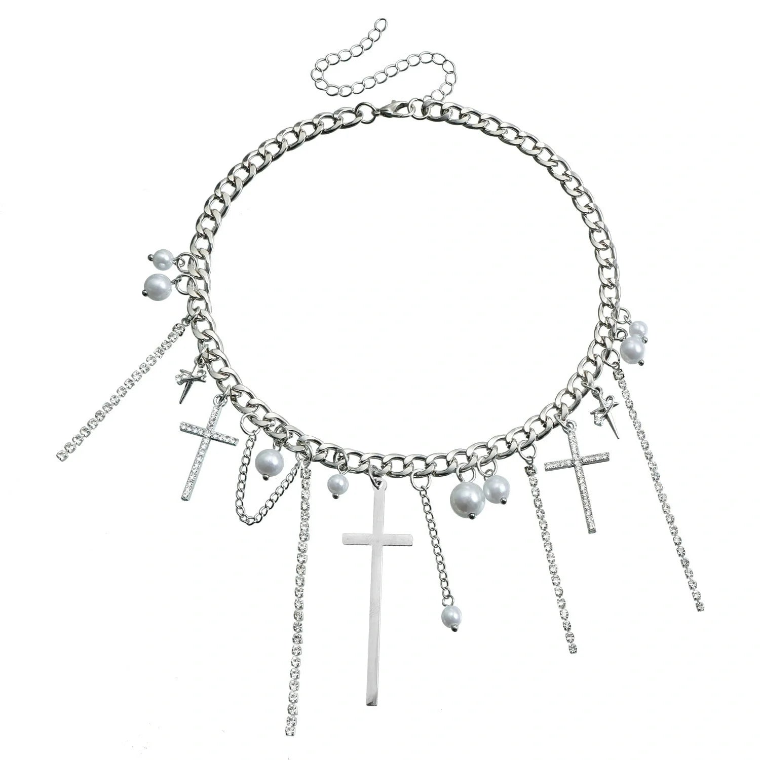 Cross Tassel Pearl Collarbone Chain Necklace with alloy pendant