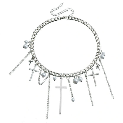 Cross Tassel Pearl Collarbone Chain Necklace with alloy pendant
