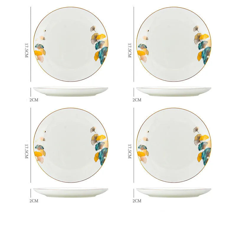 Round porcelain dinner plate with Nordic plant and flower design, flat disk shape, glaze colour finish