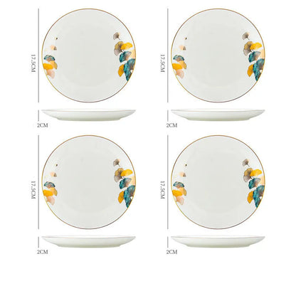 Round porcelain dinner plate with Nordic plant and flower design, flat disk shape, glaze colour finish
