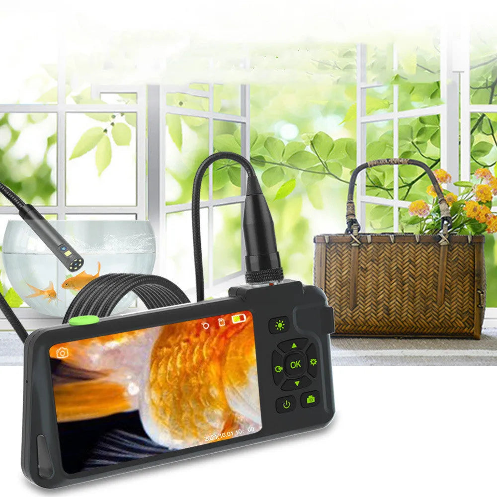 Handheld industrial endoscope with a 4.5-inch screen and a 1-metre black probe cable extended.