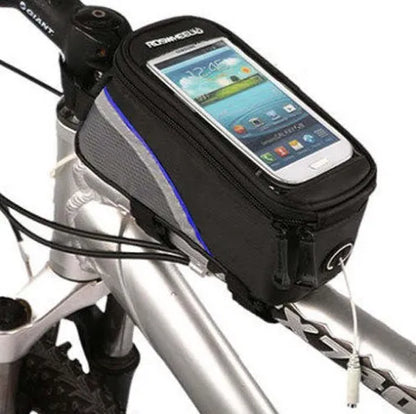 ROSWHEEL bicycle frame bag holder in black blue colour, showing iPhone compatibility and size options