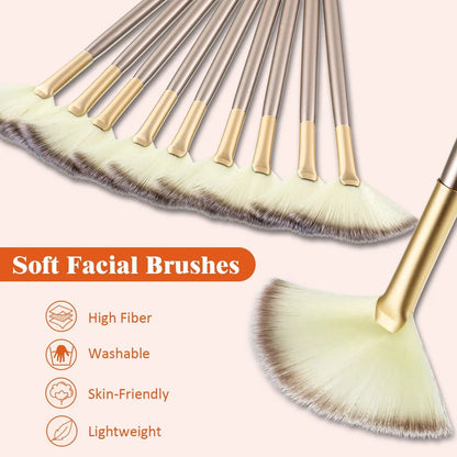 10 professional facial fan brushes with champagne finish and acrylic handles for makeup and facial treatments