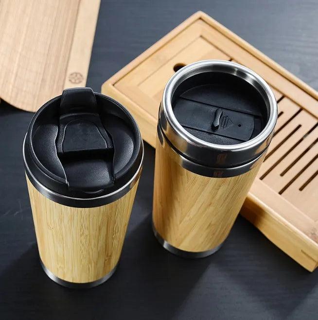 Bamboo Coffee Cup with Double-Wall Insulation Holds 420ml for Hours of Heat Retention, Featuring a Leak-Proof Recyclable Lid and Non-Slip Base